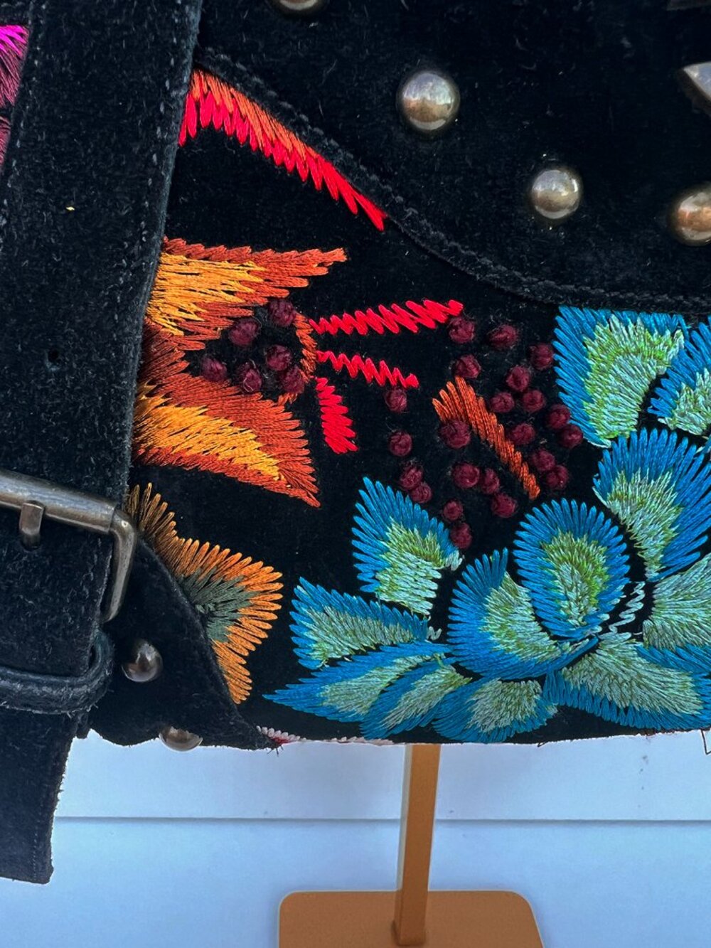 Just Cavalli Y2K Black Suede Floral Embroidered Boho Satchel Bag Studded JC - Picture 3 of 12